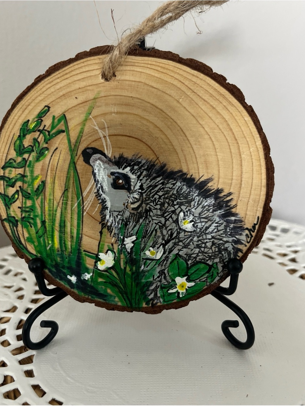 Hand Crafted Green & Gray Woodland Hedgehog Wood Ornament